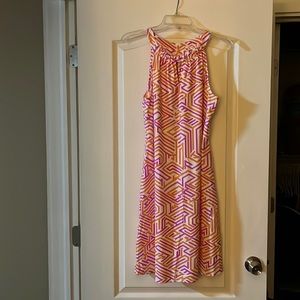 Jude Connally Lisa Keyhole Dress in Geo Maze Peach/Pink